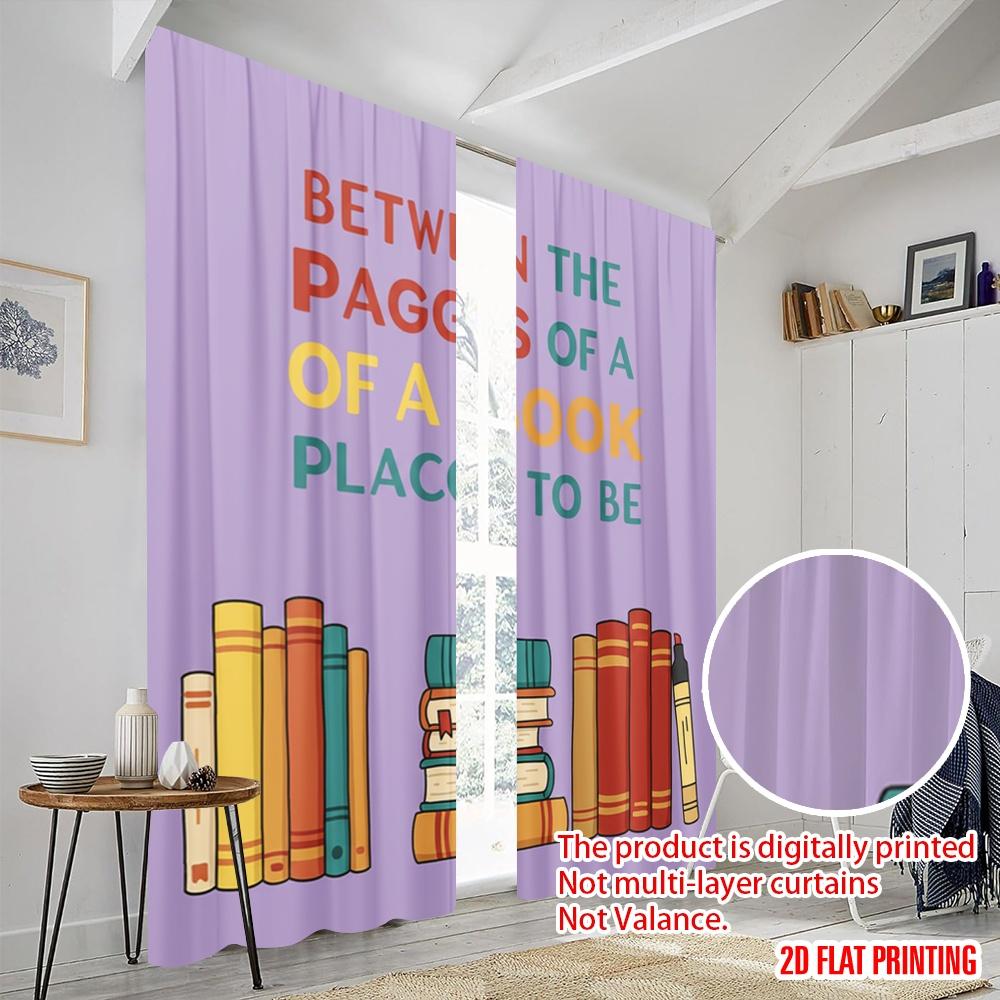 2pcs 2D Flat Printing Drapes Bookshelf Illustration Quote Reading Polyester Without Electricity Festive Holiday Use for Yard &