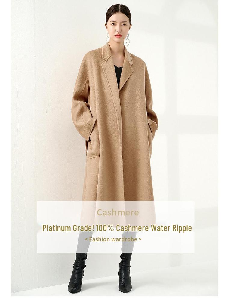 100% Pure Cashmere Water Ripple Double-Faced Wool Coat with Belt - Women's Outerwear