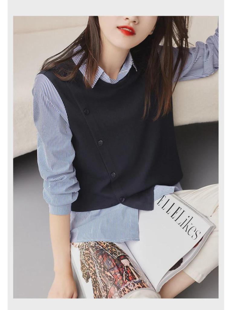 Women's Long Sleeve Striped Knitted Two-in-One Loose Top