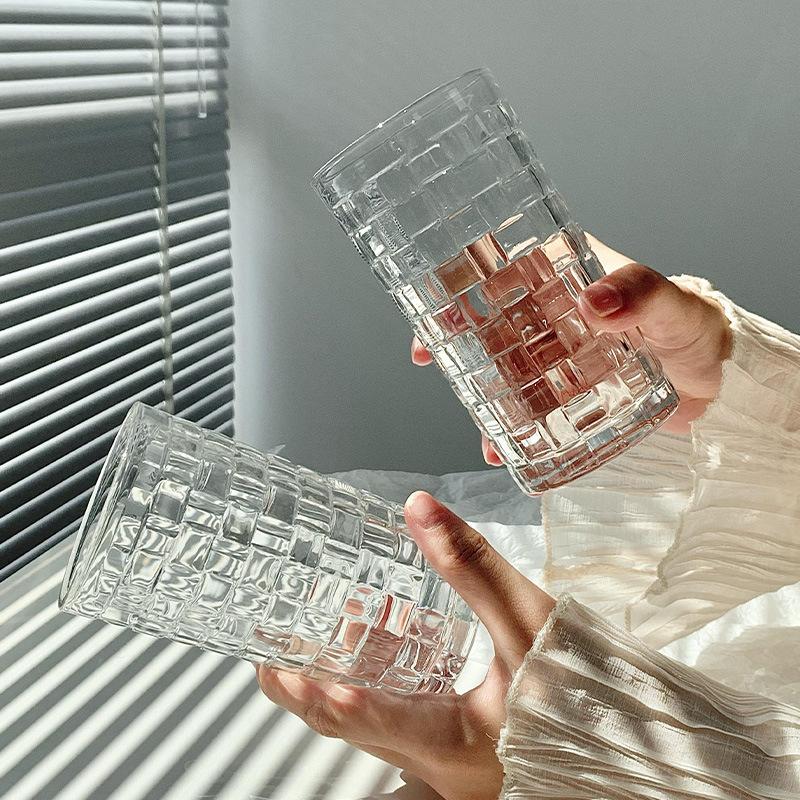 290ml/320ml Glas Haushaltsrelief Wasserbecher Kaffeetasse Trinkbecher Kreatives Rattan-Webmuster Trinkflasche Getränkeglas