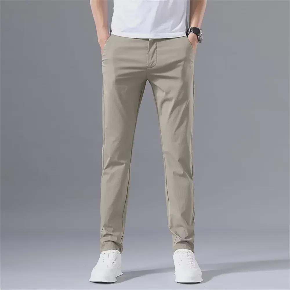 2025 Men's Summer Slim Straight Ice Silk Pants - Elastic, Solid Color, All-Match Casual Trousers