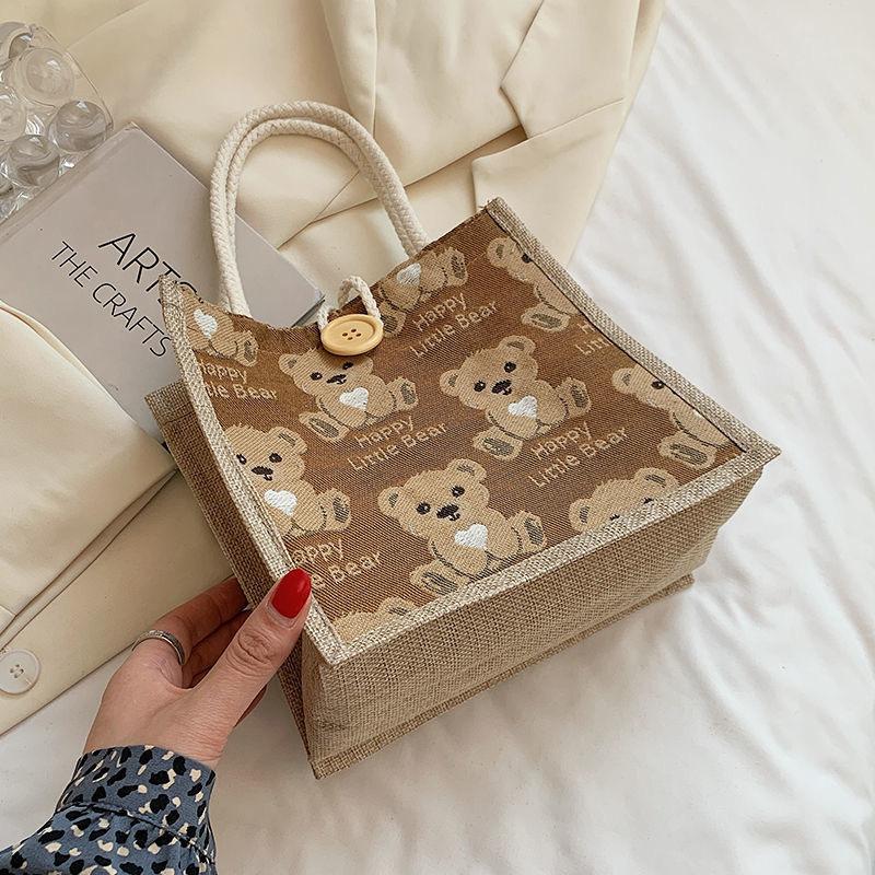 New linen handbag portable large capacity handbag bear student lunch bag small fresh shoulder handbag