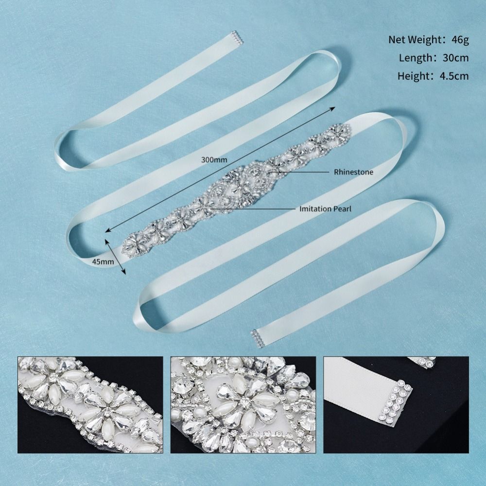 Sweet Silver Wedding Rhinestone Belt Satin Dresses Accessories Wedding Ribbon Sash Crystal Pearls Bridal Belt Women's Belts