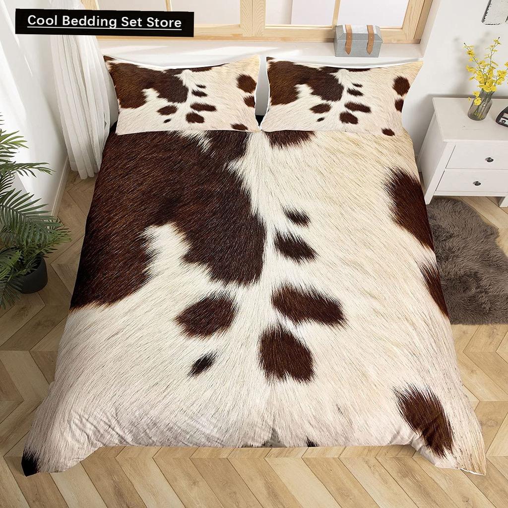 Cowhide King Queen Duvet Cover Patchwork Cow Fur Print Bedding Set Animal Quilt Cover Western Cowboy Polyester Comforter Cover