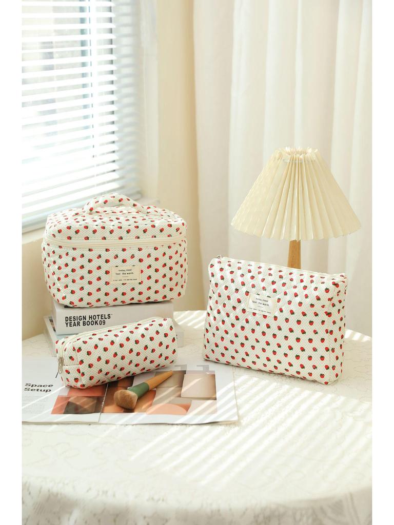 Large-Capacity Quilted Cotton Floral Makeup Bag - Portable and Cute for Travel or Student Use