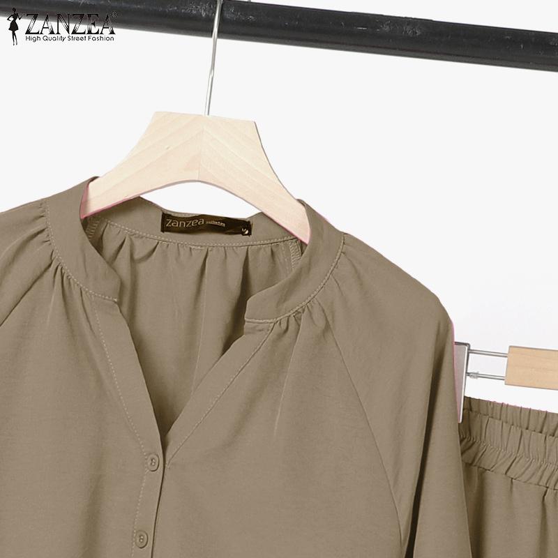 ZANZEA Bluzka z długim rękawem i spodnie damskie, casualowe dwuczęściowe zestawy garniturowe