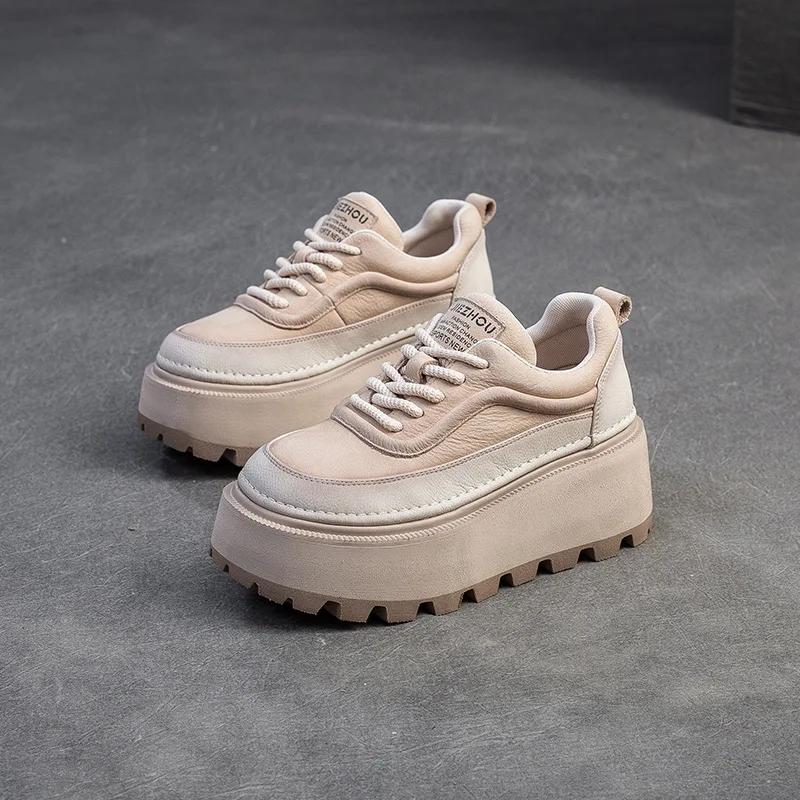 Fashion 6.5CM Women Mixed Colors Height Increasing Shoes Spring Autumn Cow Genuine Leather Round Toe Wedges Heel Platform Nop-slip Shoes