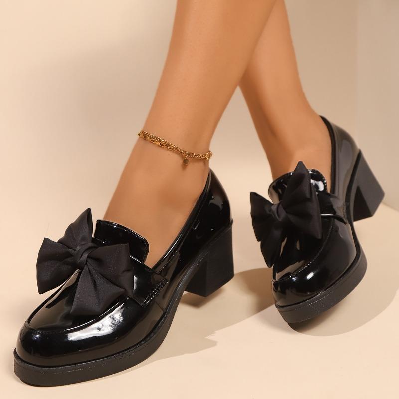 Fashion 2025 Spring Sweet Bowknot Square Heel Pumps  Black Patent Leather Women's Loafers Platform Slip On Shoes for Women