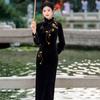 High-end embroidery black velvet velvet winter clothing national style Chinese long-sleeved improved cheongsam winter thick women's high-end sense