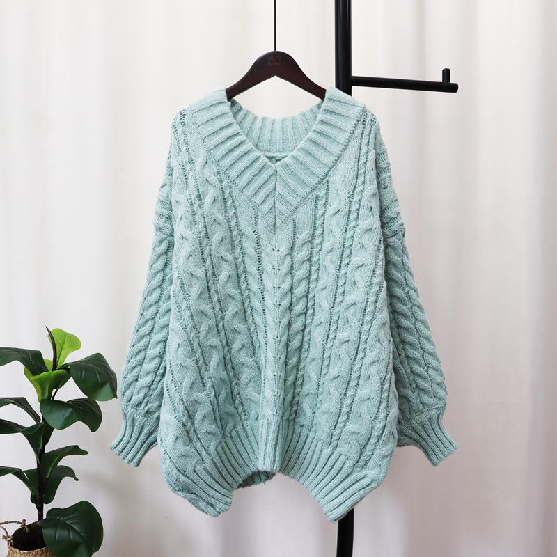 Thickened V-neck twist sweater pullover women's autumn and winter new loose soft waxy and thin knitted sweater top