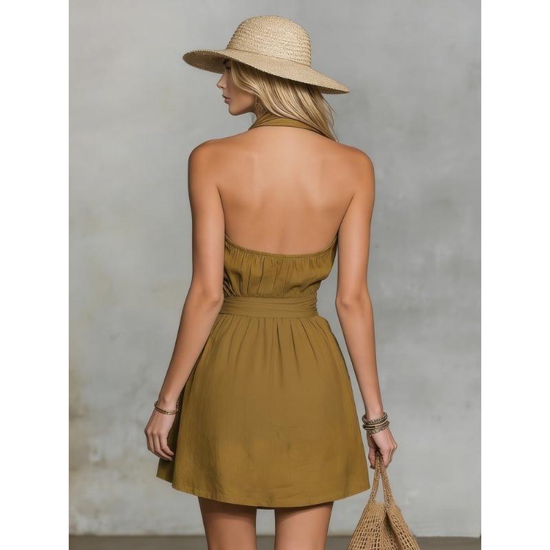 Summer Women's Clothing Halter Deep V Neck Tie Waist Casual Short Slim Fit Dress