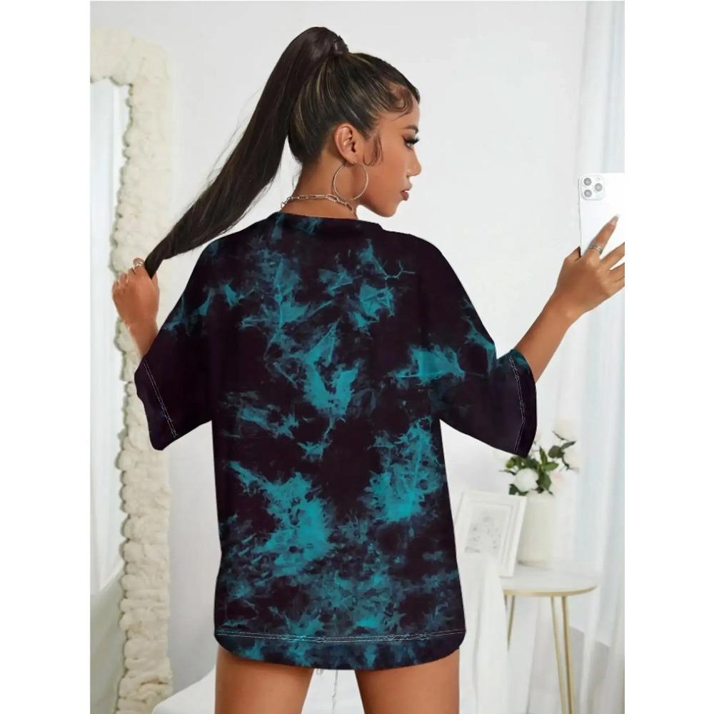 

2025 Лето Новые женские тай-дай принт повседневные модные тенденции женские с коротким рукавом 6XL синий