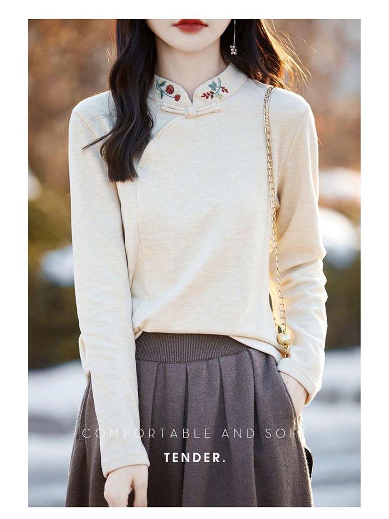 Women's Plus Size Embroidered Stand Collar Long Sleeve Warm Shirt for Autumn/Winter