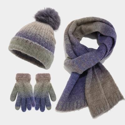 New Tie-dye Wool Hat, Scarf and Gloves Three-piece Fashion Hairball Knitted Hat Set