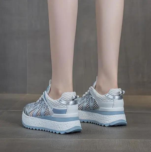 Fashion 7CM Women Summer Spring Air Mesh Shoes Mules Shoes Hollow Chunky Sneaker Slides Sandals Platform Wedge Microfiber Platform Wedge