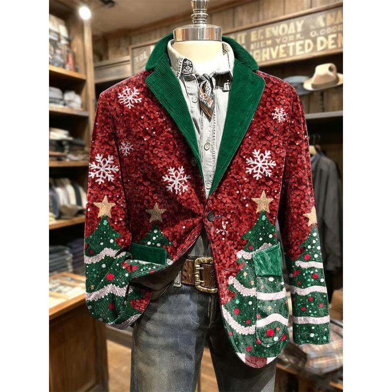 

2025 Europe Winter Christmas Corduroy Suit Cardigan with Pockets & Digital Print XL