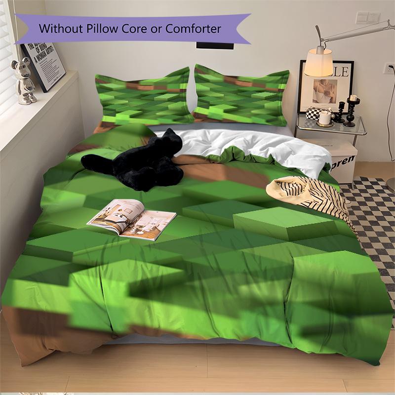 3pcs Minecraft Green Blocks Home Decor Bedding Set-Universal Three-Piece Suit for Bedroom, Guest Room, Living Room, Hotel-Perfect Gift for F