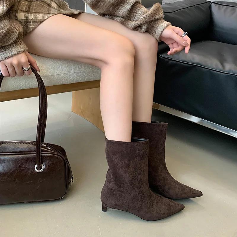 Fashion Fashion High Quality Pointed Toe Vintage Ankle Boots Sexy Thin Low Heel Women Warm Knight Slip On Party Shoes