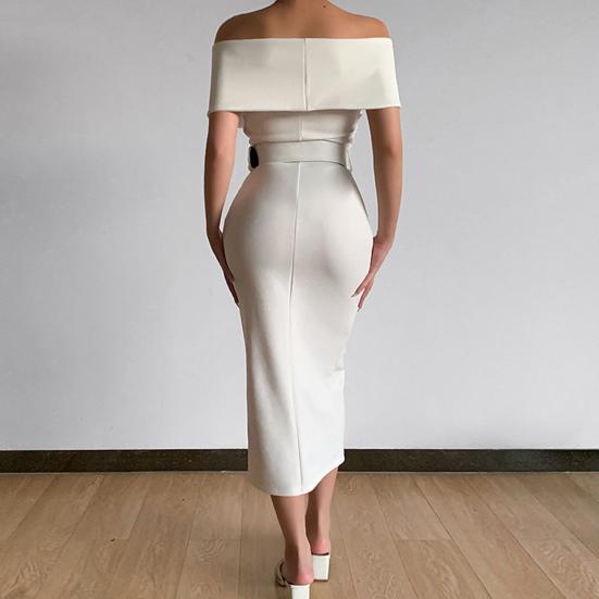 Women Dress Strapless Off Shoulder with Belt Solid Color Party Evening Dress for Office