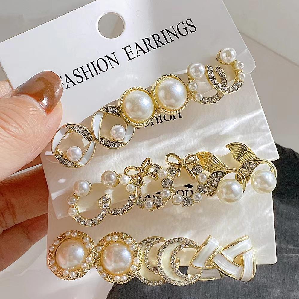 New ins bow fishtail pearl moon stud earrings with diamonds fashion temperament geometric earrings set