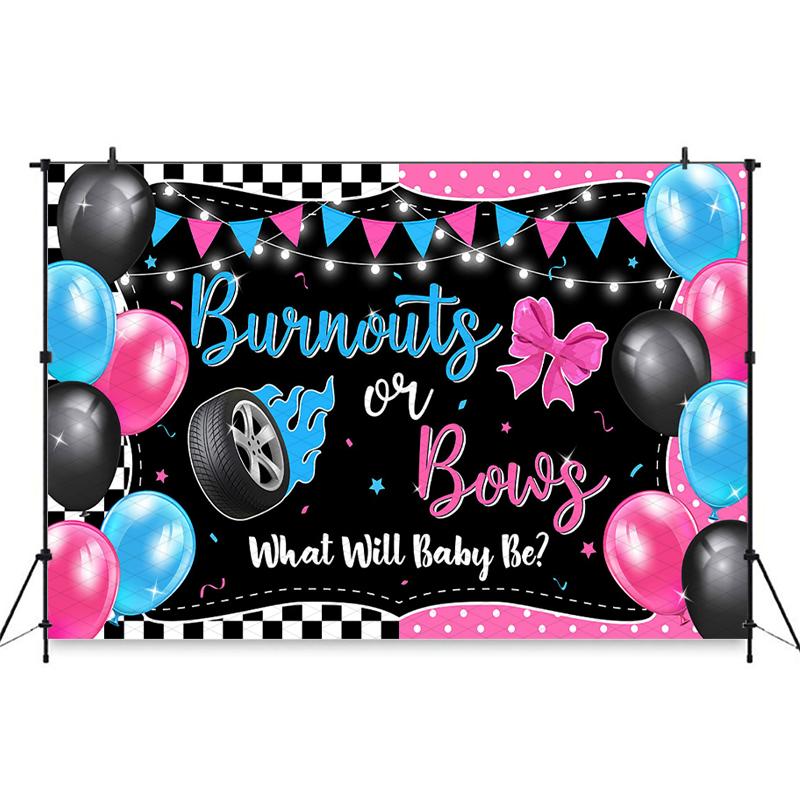 Mocsicka Burnouts Or Bows Gender Reveal Backdrop Pink Blue Tire Bow Photography Background Baby Shower Photo Booth Studio Banner Cotton-150x100cm