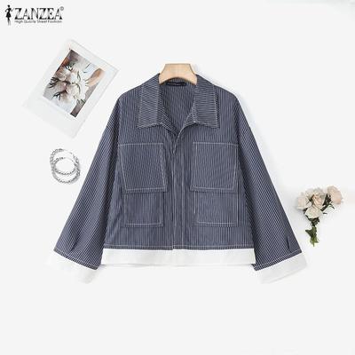 Women Casual Turn Down Collar Loose Long Sleeve Stripe Blouse