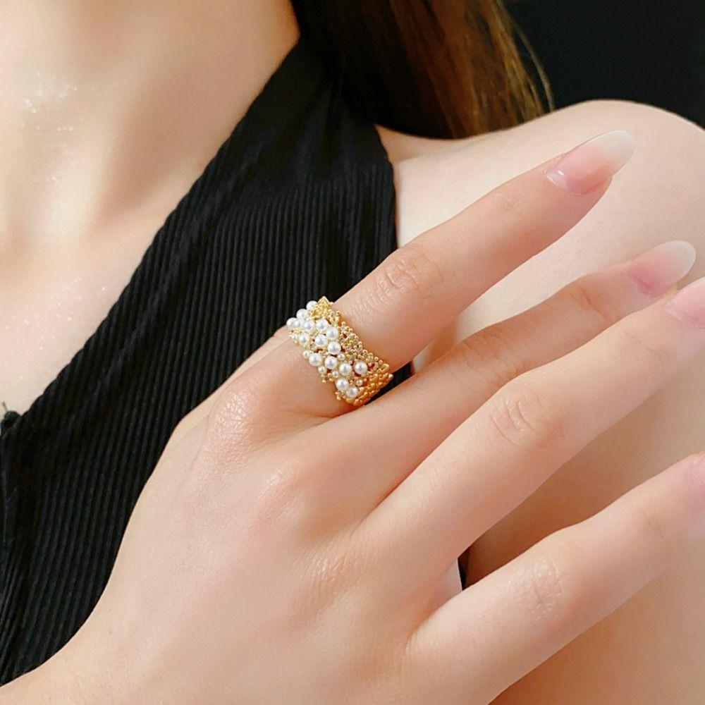 Irregular Pearl Open Ring Geometry Metal Rings Fashion Vintage Rings Women