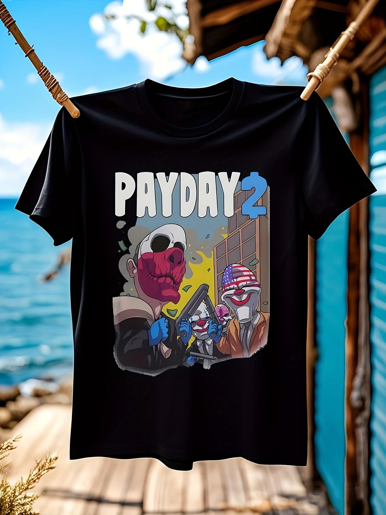 Funny Payday Graphic T-shirt - White Crewneck Tee with Bold PAYDAY Text & Hooded Characters - All-Season Casual Shirt for Gaming XXXXL
