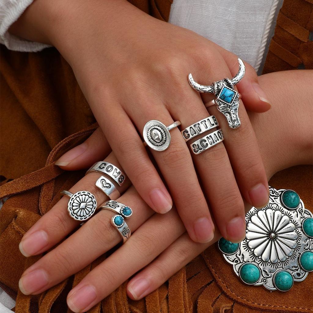 Wind Imitation Turquoise Ring Set, Creative Bull Head Flower Feather Multi-element Turquoise Ring 10-piece Set for Women
