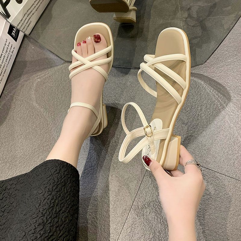 Sandals women's summer 2025 new fashion fashion one-line belt with mid-heel thick heel fairy style with skirt Roman women's shoes