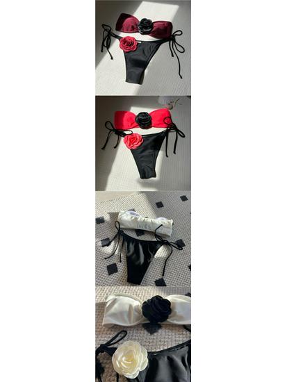 Rose Tie-Dye Color Block Two-Piece Swimsuit with Drawstring Lace-Up Bikini, European and American Style, Strapless Design 