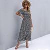 Women Casual Summer Floral High Waist Slash Neck Short Sleeve Irregular Long Dress S-XL