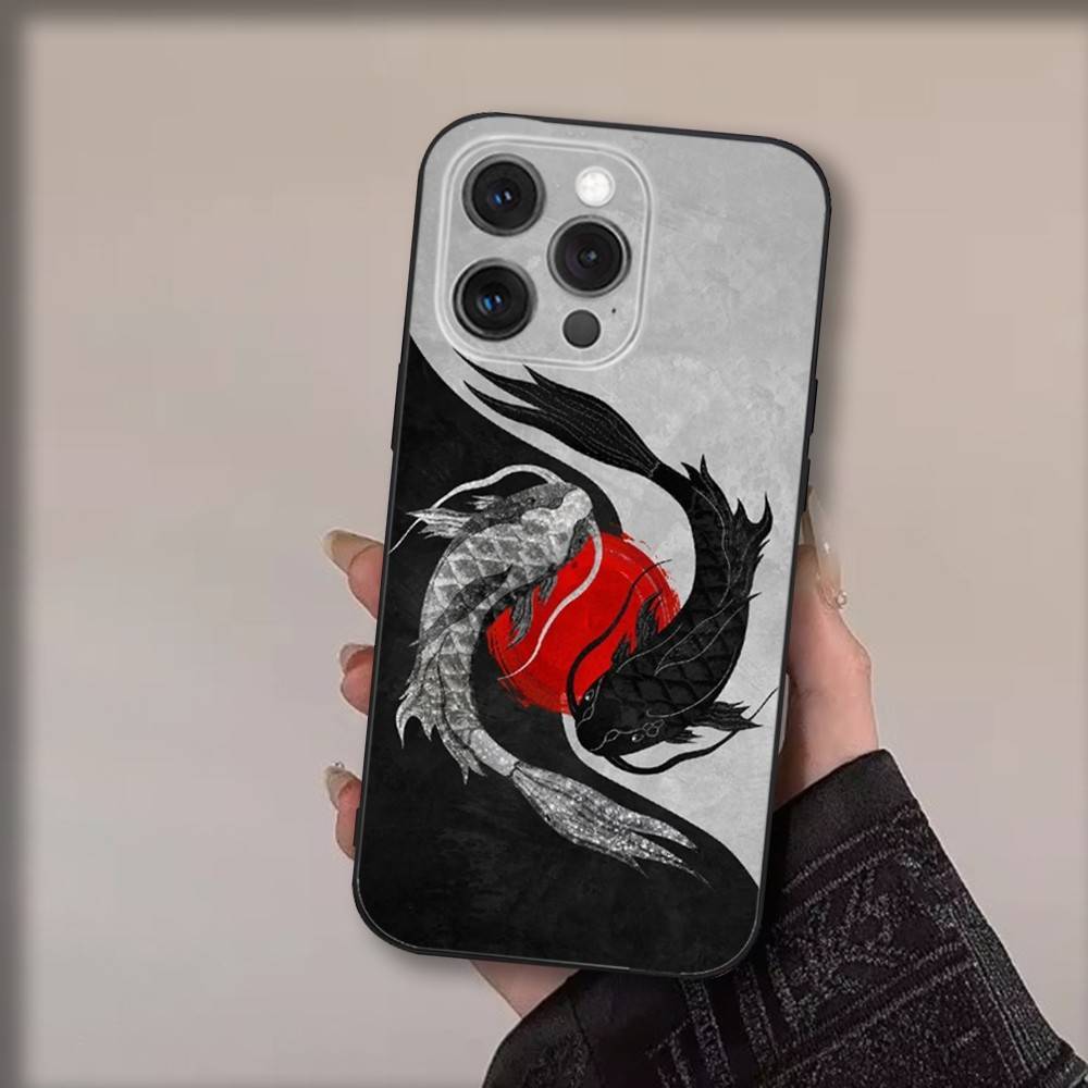 Koi Karpfen Fisch Yin Yang Handyhülle Für iPhone 17,16,15,14,13,12,11,Pro,Max,Plus,Air,X,XS,XR,SE,8,7,Mini,Weiche Schwarze Hülle