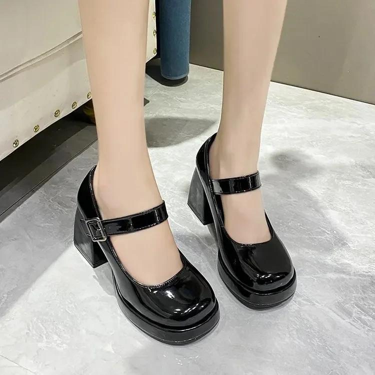 French Maryse Women'S Shoes  Autumn New Waterproof Platform Patent Leather High Heels Vintage Round Head Coarse Heel Single