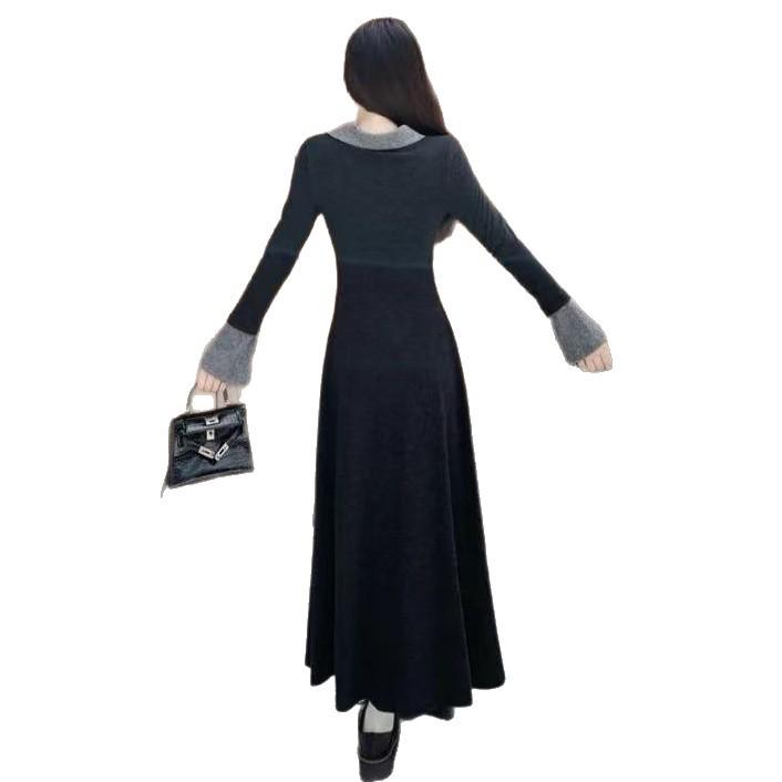 Cute girl's autumn and winter wear French temperament black fake two-piece dress is particularly beautiful and super temperament