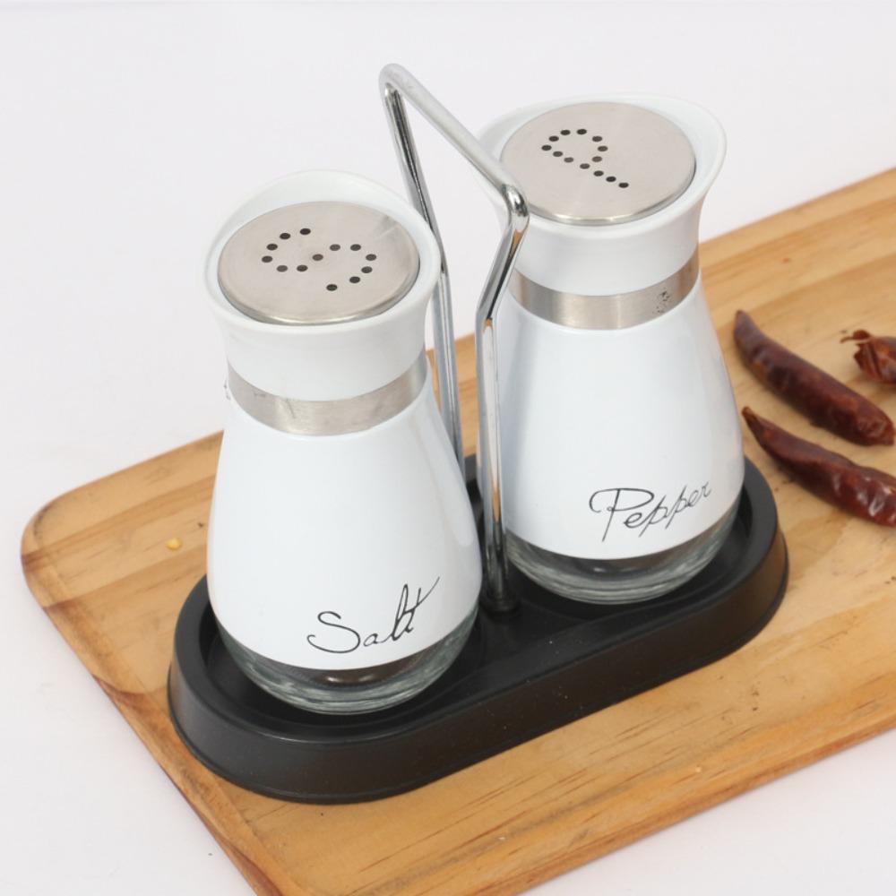2Pcs/Set Salt & Pepper Kitchen Glass Spice Bottle Refillable Black Condiment Jar with Pour Holes with Rack Spice Dispenser