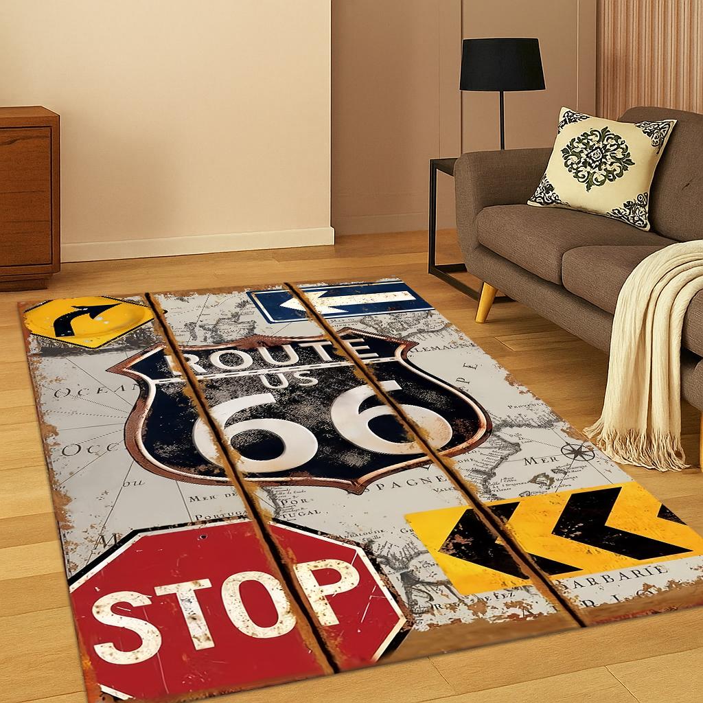 Tappeto Tappeto Retrò America Route 66 Mother Road per Soggiorno Divano Casa Camera da Letto Cucina Zerbino Decorazione, Tappetino Antiscivolo per Sala Giochi