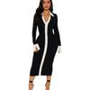 Elegant French Style Knit Midi Dress With Flared Sleeves High Waist Colorblock Detail Womens Winter Outfit
