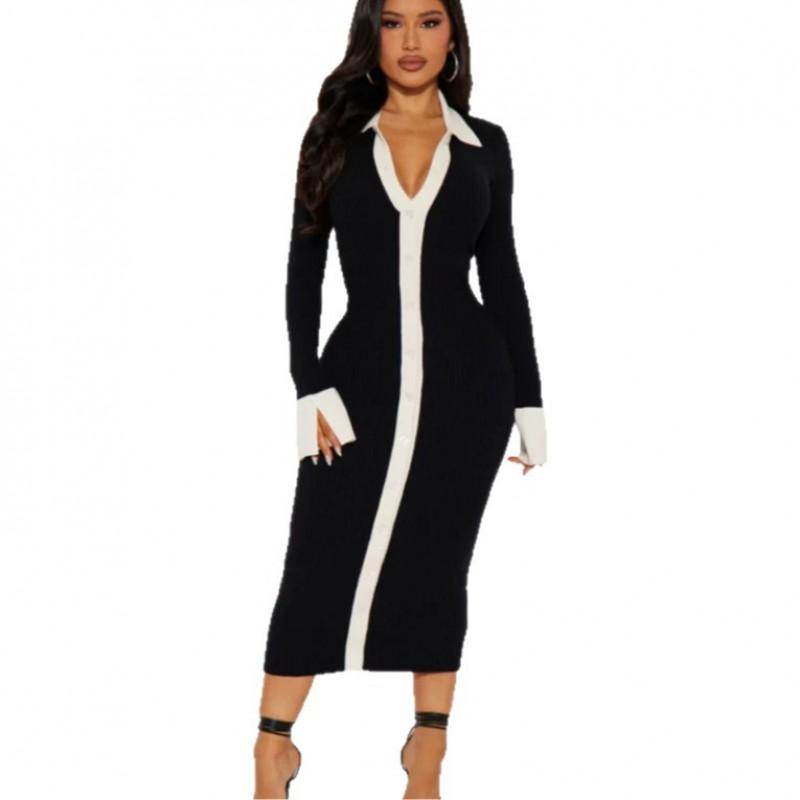 Elegant French Style Knit Midi Dress With Flared Sleeves High Waist Colorblock Detail Womens Winter Outfit