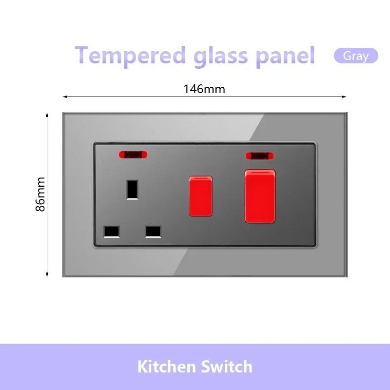 UK 13A 220V Dual Outlet with 18W Type-C Quick Charge,1/2 Way Light Switch Panel, Tempered Glass Surface,Wall Socket for TV/Phone