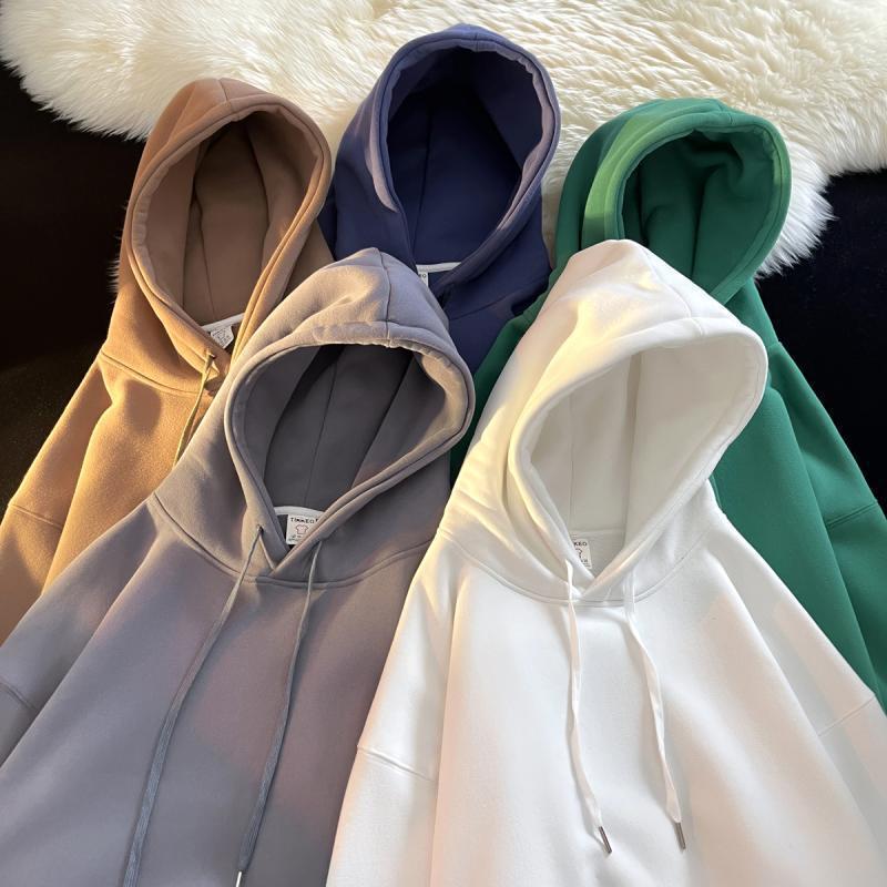 Men's Dark Green High-Gloss Heavy Oversized Hooded Sweatshirt for Autumn/Winter, Plus Velvet, Basic Style.