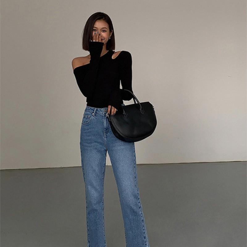 Womens Black Long Sleeve Slim Fit Off Shoulder Top Milk Silk Base Layer T-Shirt Elegant Casual Wear