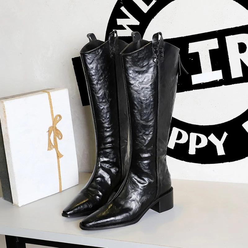 Retro Hand-Grabbing European American Style Boots Women's Thick Heel Mid-Heel Pointed Toe Knight Boots High Shoes