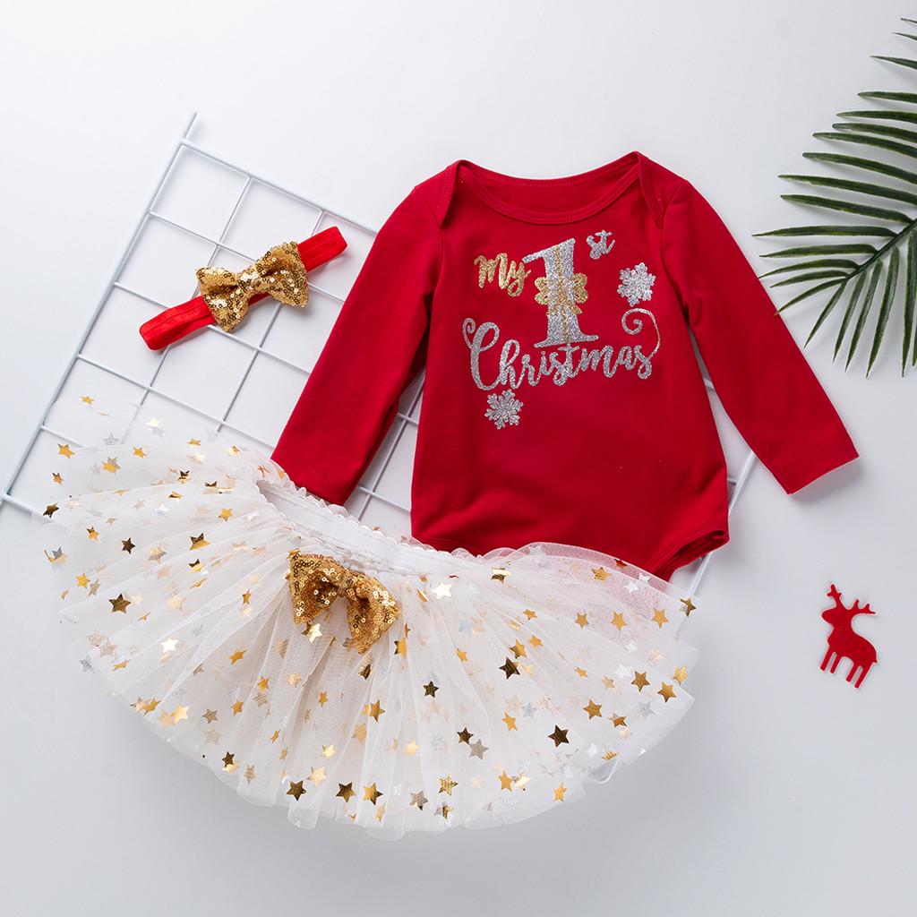 Toddler Baby Kids Girls Christmas Day Romper Tops  Dress Hairband Set