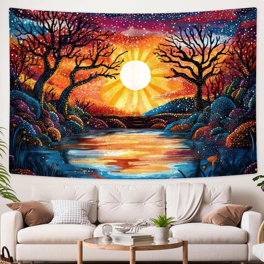 Mid Century Modern Abstracte Kunst Wandkleed, Minimalistisch Salieplant Zon Retro Boho Wandkleed, Geel Wit Bruin Geometrisch