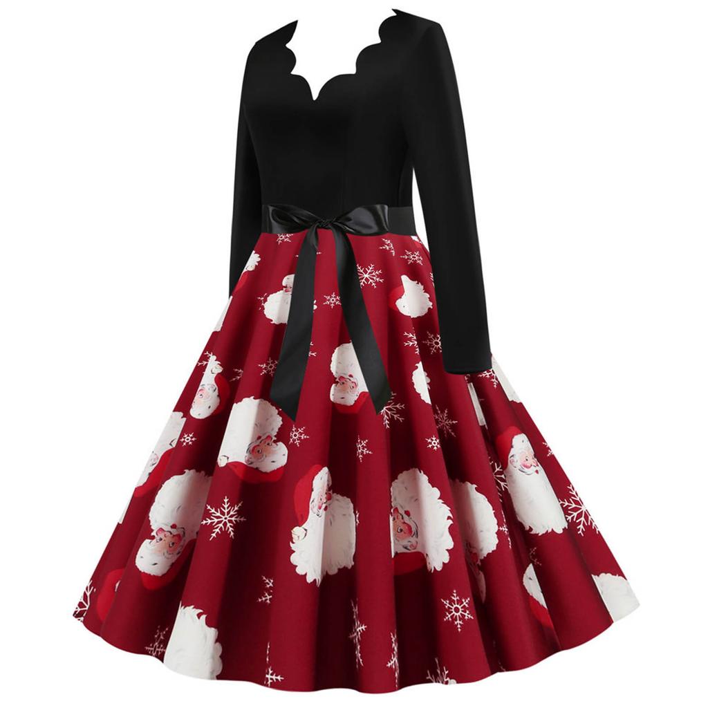 Women's Fashion Long Sleeve Christmas Round Neck Print Hem Dress