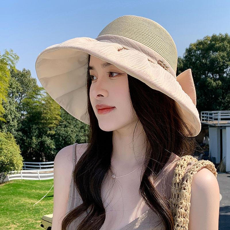Hepburn style organza bow straw hat women's beach hat French retro big-brimmed bucket hat foldable sun hat
