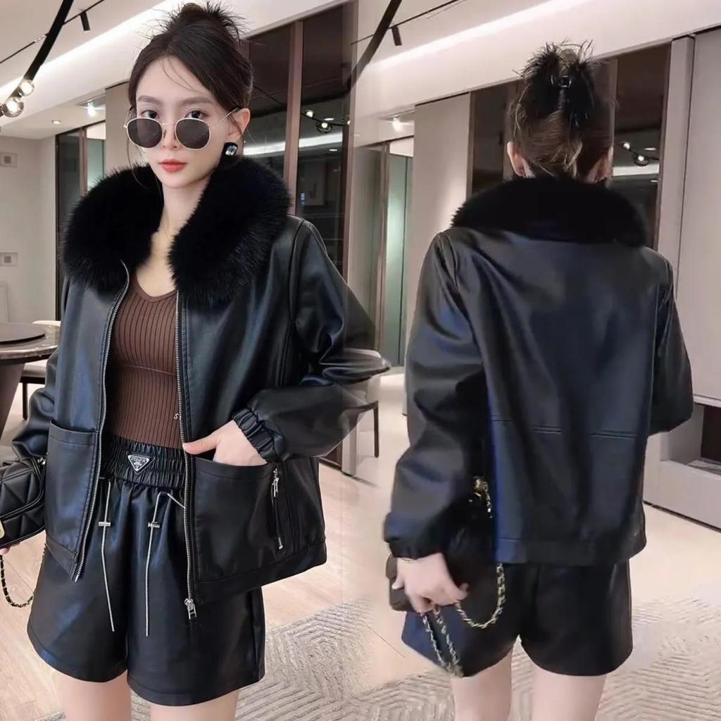 Winter Warmth Plus Velvet Thick Leather Jacket Women's Fashion Western Style Detachable Fur Collar Leather Jacket Trend