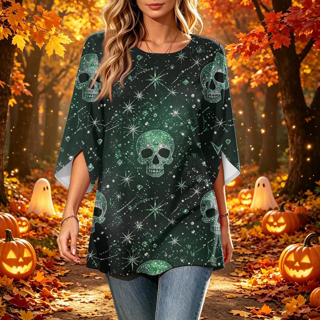 Women's Halloween Print Casual Neck Loose Fit 3/4 Sleeve Top