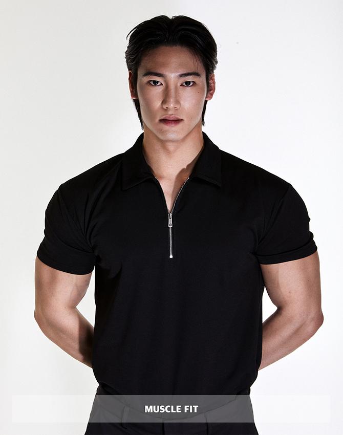 RVD Wide Shoulder Half-Zip Muscle Fit Polo Shirt (Black)